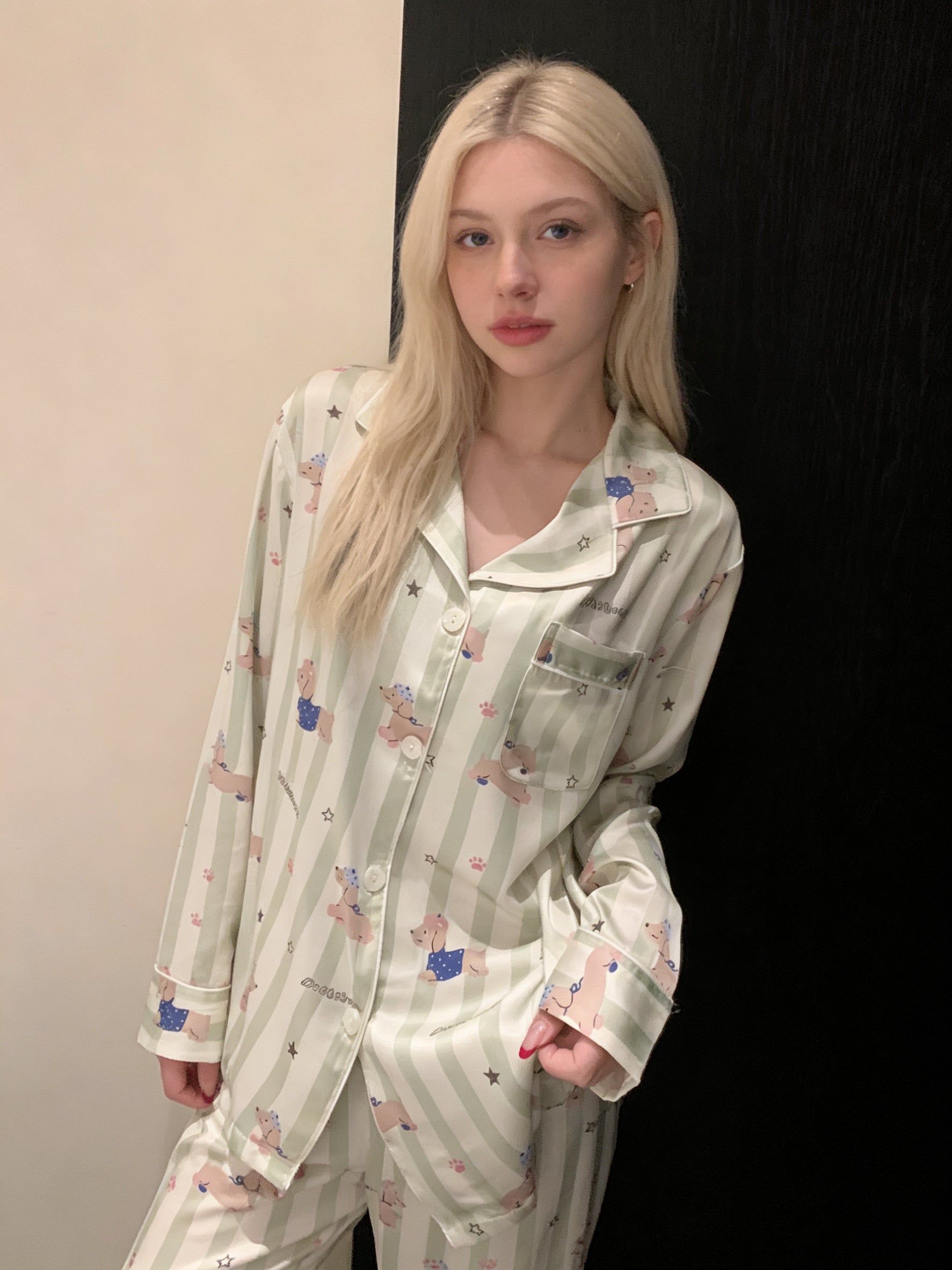 Green Stripe Poodle Print Satin Pajama Set