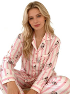 Pink Stripe Puppy Print Satin Pajama Set