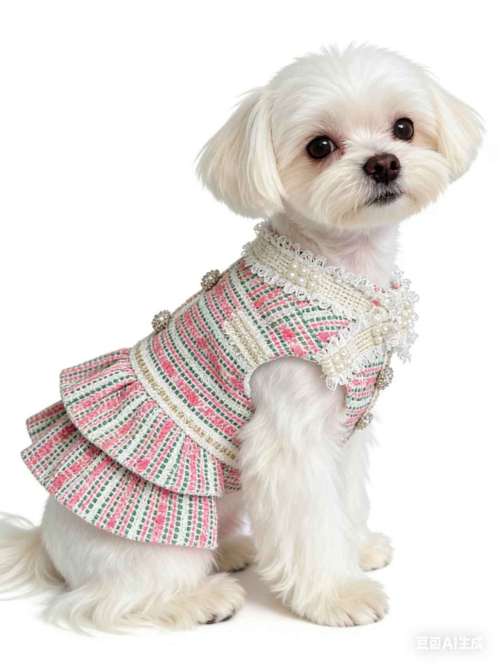 Pink & Green Tweed Pearl Bow Pet Dress