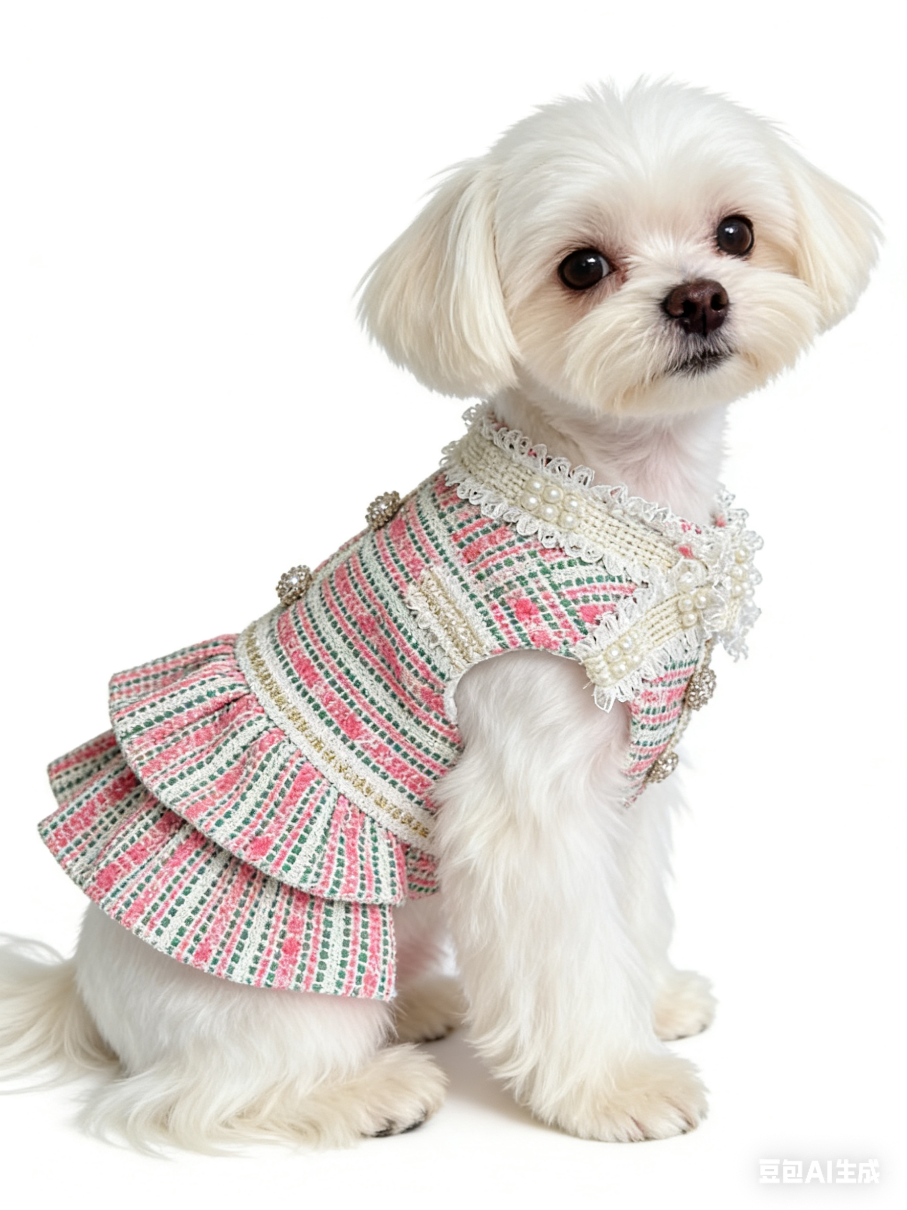 Pink & Green Tweed Pearl Bow Pet Dress