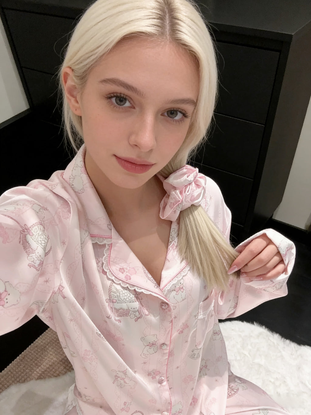 Pink Cute Bear Print Satin Pajama Set